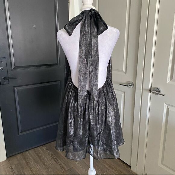 Choosy Gray Metallic A-line Halter Mini Dress with Open Back and Bow Tie Size S - Picture 5 of 10